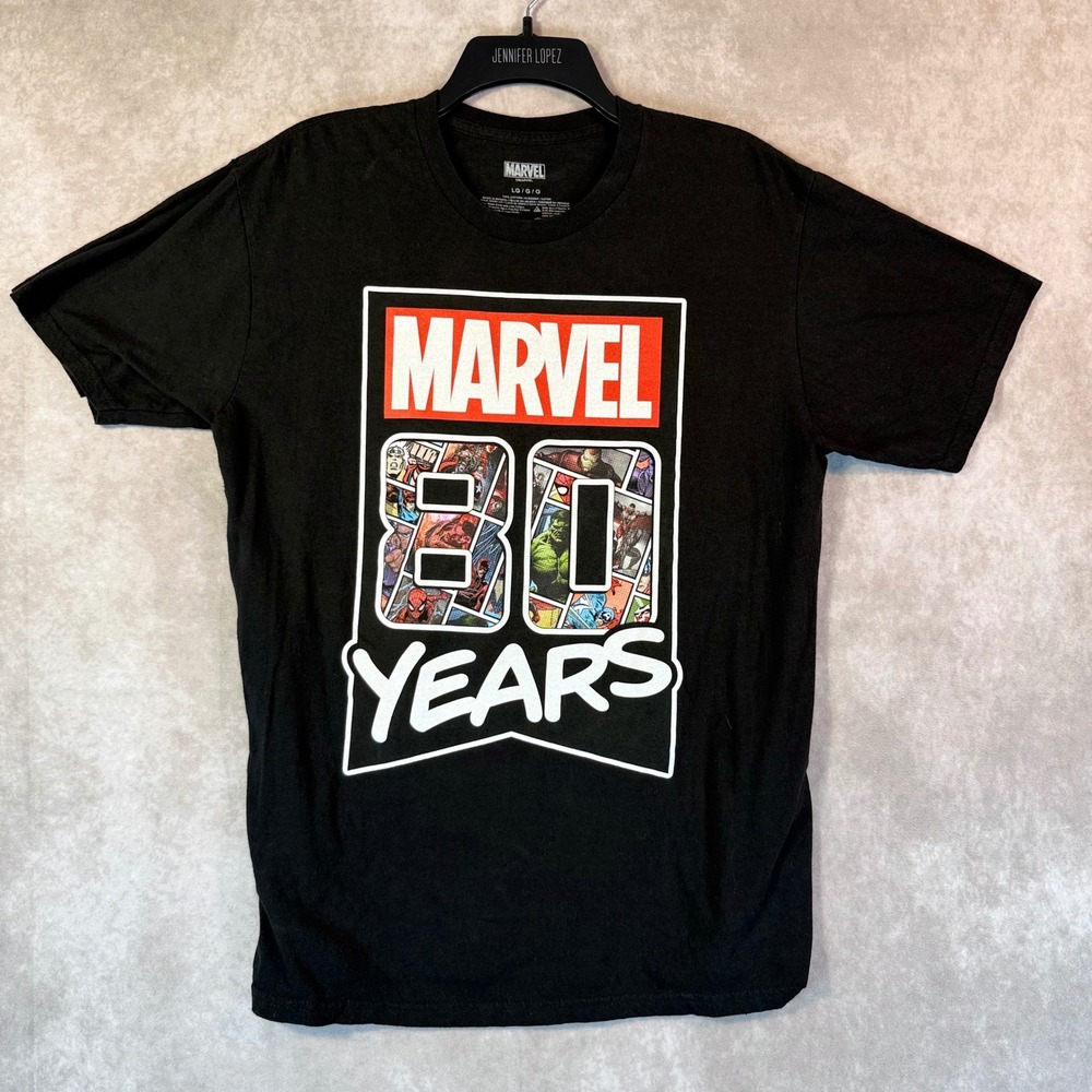 Marvel 80 Years Anniversary Comic Book Panel Tee Black Graphic T Shirt Men